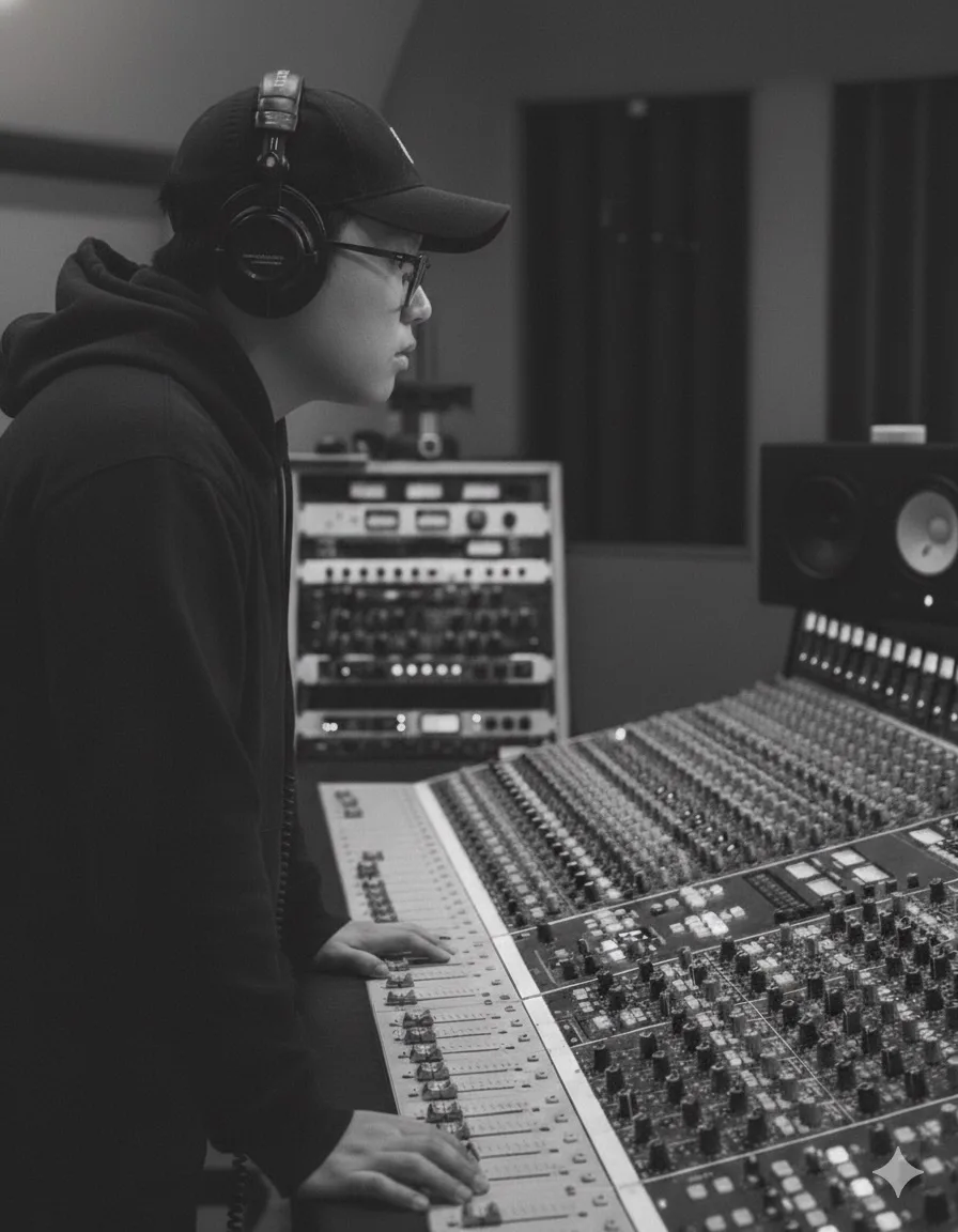 Jason Park working at the mixing console in MusiCat Studio